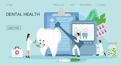 Tiny dentists work, treat illness tooth. Dental health vector concept Stock-Illustration