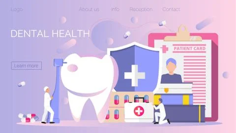 Tiny dentists work, treat illness tooth. Dental health vector concept Stock Illustration