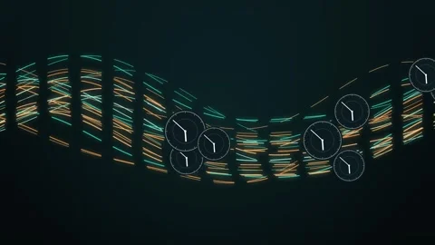 Tiny dials riding fast flowing light lines in orange and teal seamless loop Stock Footage 348647504