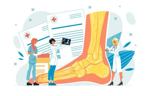 Tiny doctor examining foot or leg ankle on x-ray Illustrazione stock