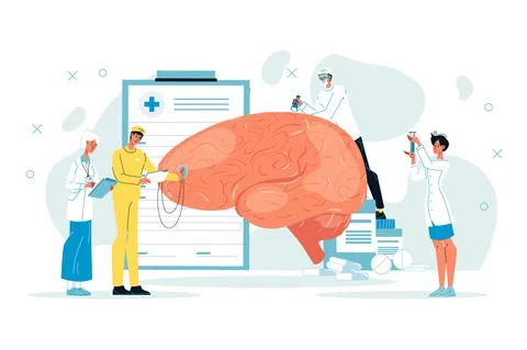 Tiny doctor examining giant brain health or injury Illustrazione stock