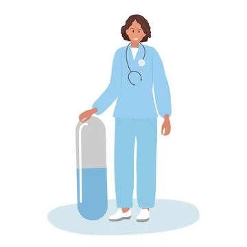Tiny doctor or Pharmacist standing holding giant pill capsule. Doctor wearing Illustrazione stock