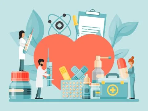 Tiny doctors and scientist examine, study and treat big heart with bottles and Ilustración de archivo