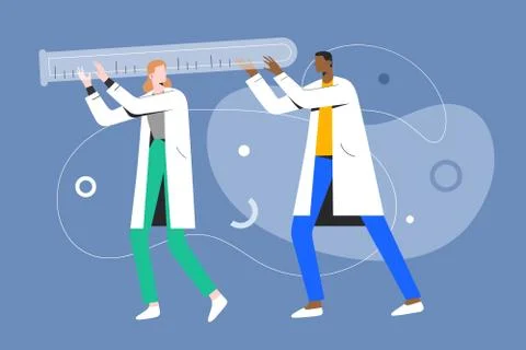 Tiny doctors carrying a huge glass tubing, medical research concept, vector Stock Illustration