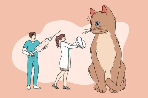 Tiny doctors cure cat giving medications Stock Illustration
