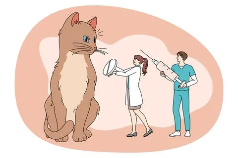 Tiny doctors cure cat giving medications Stock Illustration