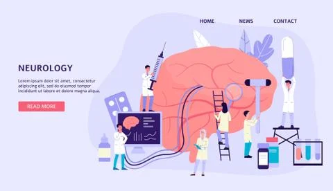Tiny doctors examining human brain - neurology banner flat vector illustration. Stock Illustration