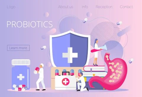 Tiny doctors give stomach prebiotic, lactobacillus. Probiotics bacteria conce Illustrazione stock