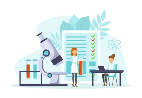 Tiny Doctors Making Blood Laboratory Analysis with Microscope, Woman Doctors Stockillustratie