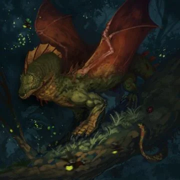 Tiny dragon in a dark forest surrounded by fireflies - digital fantasy painti Stock Illustration