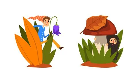 Tiny Fairy Creatures in Nature, Funny People Walking in Tall Grass Cartoon Stock Illustration