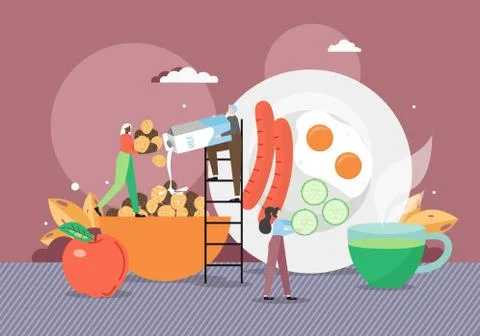 Tiny female cartoon characters, chefs cooking breakfast in the morning, flat イラスト素材