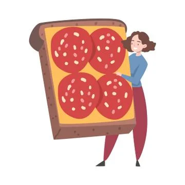 Tiny Female Interacting with Huge Sandwich with Salami Slices Vector 库存插图