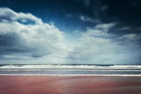 Tiny figure, waves, Atlantic Ocean, textured effect 스톡 사진