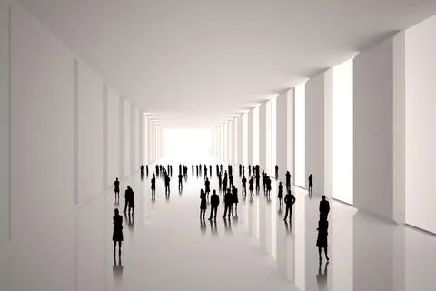 Tiny figures in white hall Stock Illustration