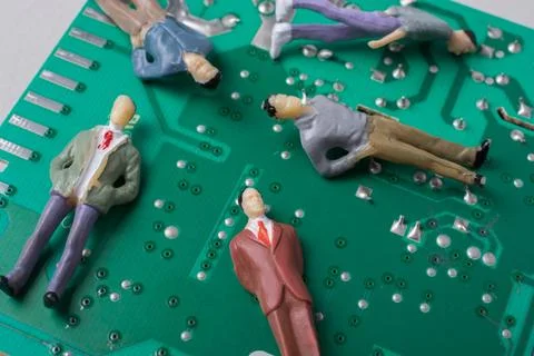 Tiny figurine of men model on Circuit board of electronics Stock Illustration