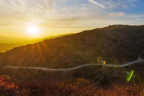 Tiny Figurines of Hikers at Sunset in Runyon Canyon Park Stock Photos