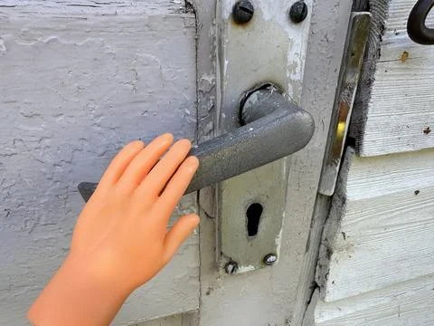 Tiny finger puppet hand holding door knob Stock Photos