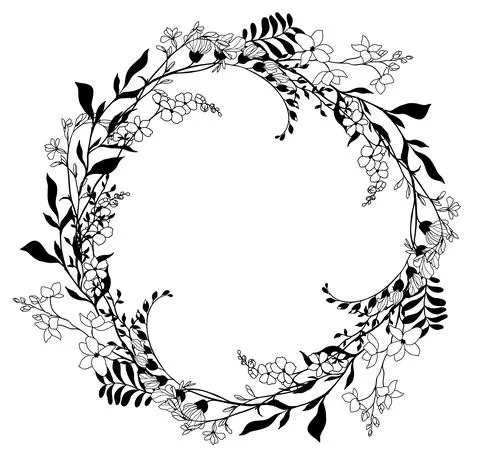 Tiny floral wreath, line art, hand drawn vector Stock Illustration
