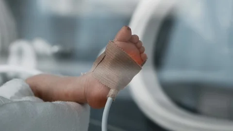 Tiny foot of sleeping newborn premature baby in incubator in maternity hospital Stock Footage 120733844