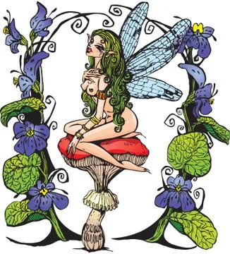 Tiny forest naked elf siting on mushroom top (color picture) Stock Illustration