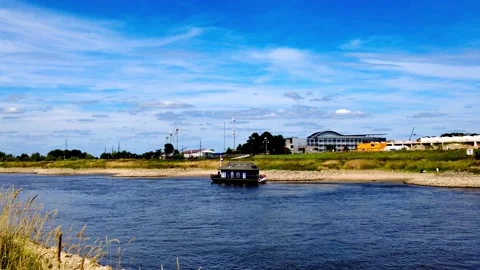 Tiny Fully Equipped Houseboat Sailing On A River Video stock 202091415