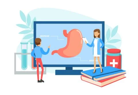 Tiny Gastroenterologist Doctors Examining Stomach on Computer Screen, Man and Illustrazione stock