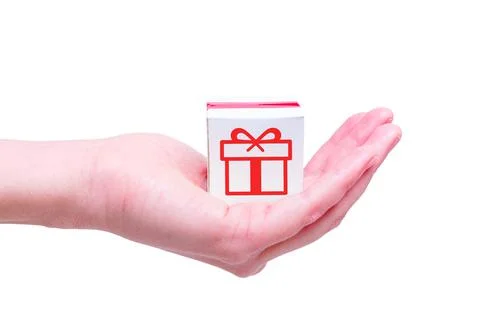 Tiny gift box in hand isolated on white 스톡 사진