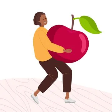 Tiny girl holding large red apple fruit on wooden table. Colored flat cartoon Stock Illustration