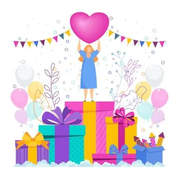 Tiny girl is standing on huge boxes with gifts. Illustrazione stock