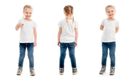 Tiny girl standing pointing at herself, isolated Stock Photos