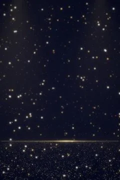 Tiny gold and ivory points of light fill a deep navy sky above a thin lumin.. Stock Illustration