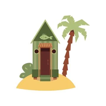 Tiny green beach hut with fish sign on small sand island with palm tree. Stock Illustration