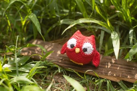 Tiny handmade knitted owl red wool crochet outdoors blur background 스톡 사진