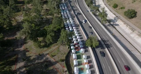 Tiny Homes For Homeless Arroyo Seco Los Angeles California Drone Aerial View Video stock 194746437