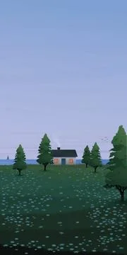 Tiny house in flowers field at the edge of cliffs have the sea and dramatic.. Stock Illustration