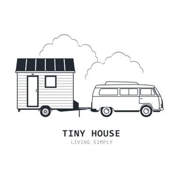 Tiny house on wheels - minivan and trailer hovel, traveling hut or cabin and Stock Illustration