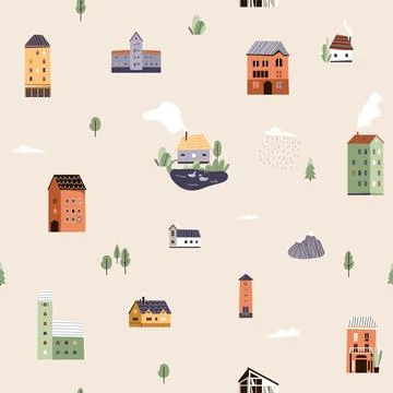 Tiny houses seamless pattern vector illustration. Little buildings, trees Stock Illustration
