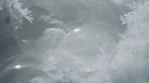 Tiny ice particles streaming over an ice bubble, snow ice crystals forming Stock Footage 96504402