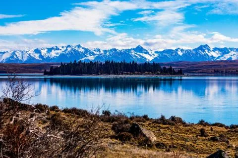A Tiny Island of Trees on Lake Tekapo Stock Photos