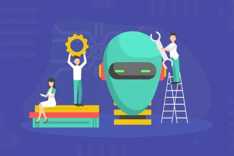 Tiny IT Professionals Creating Robot, Scientists Characters Conducting Stock Illustration