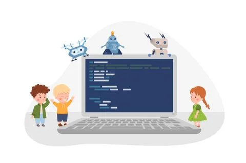 Tiny kids and smart robots with huge laptop, coding program flat style Stock Illustration
