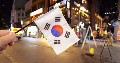 Tiny Korean flag held by tourist, night time, blurred shopping street on back Stock Footage 295023236
