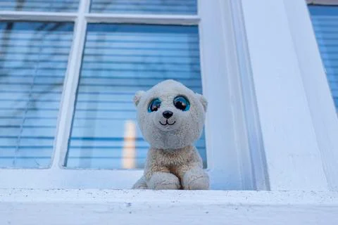 A tiny little cute plush toy dog with white furs and shiny blue eyes Stock Photos