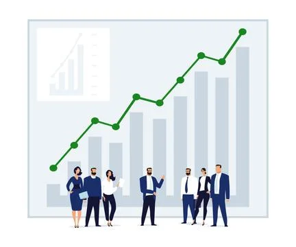 Tiny little men on the background of a growing chart with an arrow. Concept i Illustrazione stock