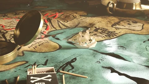 Tiny little paper ship navigating through a sea on an old treasure map. 4KHD Video stock 110114315