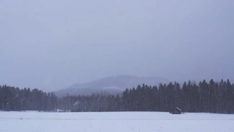 A tiny log cabin stands in a wide valley while snow falls at dusk 動画素材 192414445