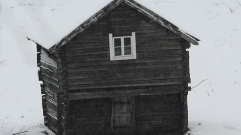 A tiny log house is standing on a field while snow is falling Stock Footage 165453523