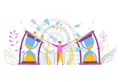 Tiny man bends a big hourglass. Flexible schedule concept. Illustrazione stock