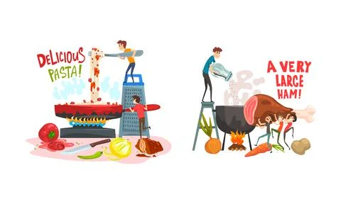 Tiny Man Character Cooking Pasta in Frying Pan and Boiling Ham Vector Set Illustrazione stock